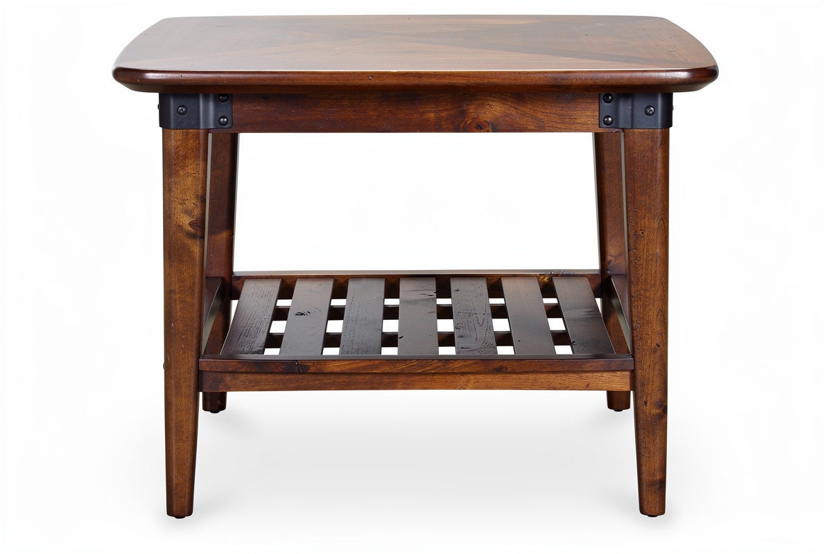 **Technische titel in het Nederlands: Houten bijzettafel met open plank en stevige poten**