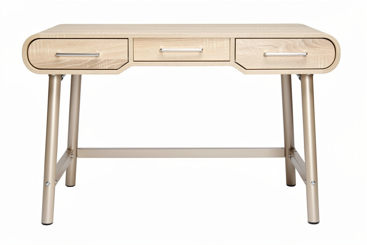 **Technische Titel in het Nederlands: Strakke houten bureautafel met metalen poten en laden**