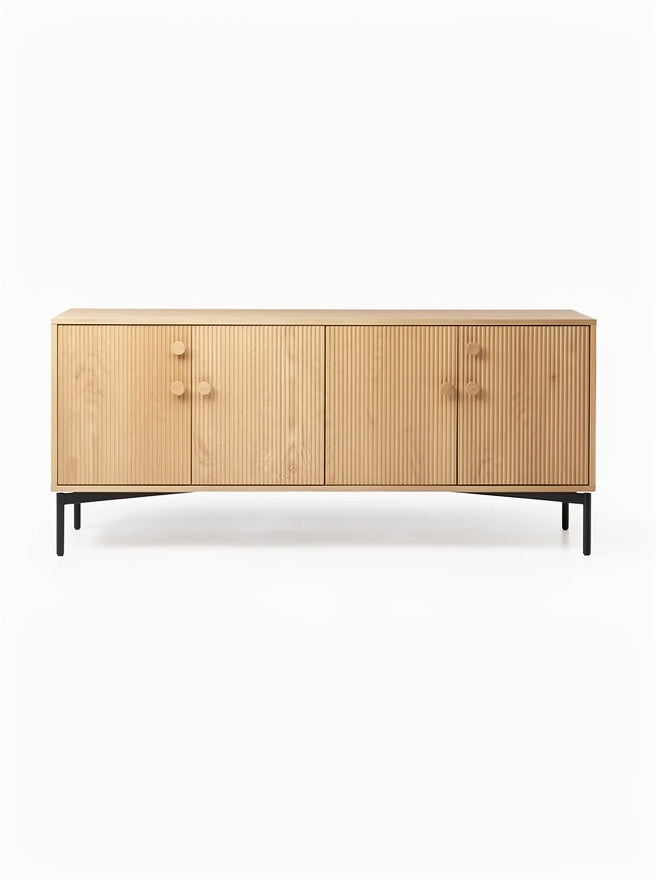 **Technische titel in het Nederlands: "Moderne Houten TV-kast met Gelaagd Ontwerp en Zwarte Poten"**