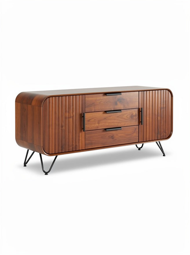 **Technische titel in het Nederlands: Retro houten dressoir met metalen poten en lades**